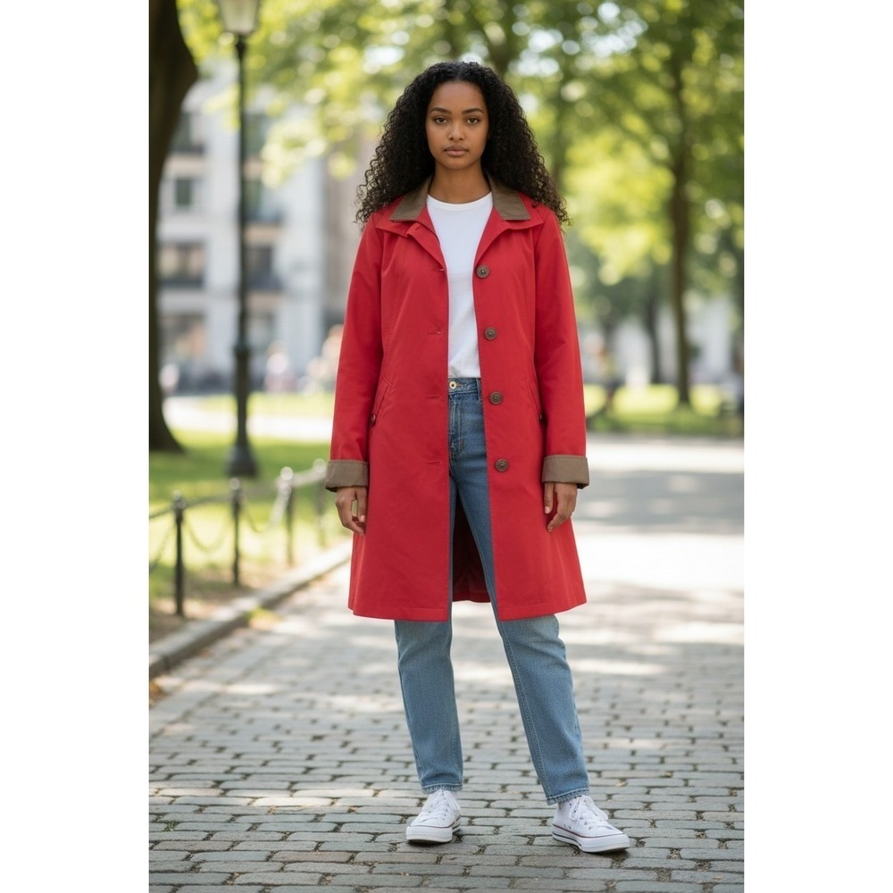Gallery Petite Women's Red Tan Collar Button Zip Trench Rain Coat Jacket MP